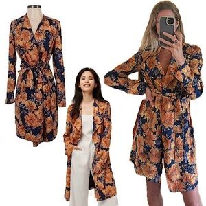 Babaton Aritzia Blue Orange Quincy Floral Trench Cardigan Jacket Wrap Dress